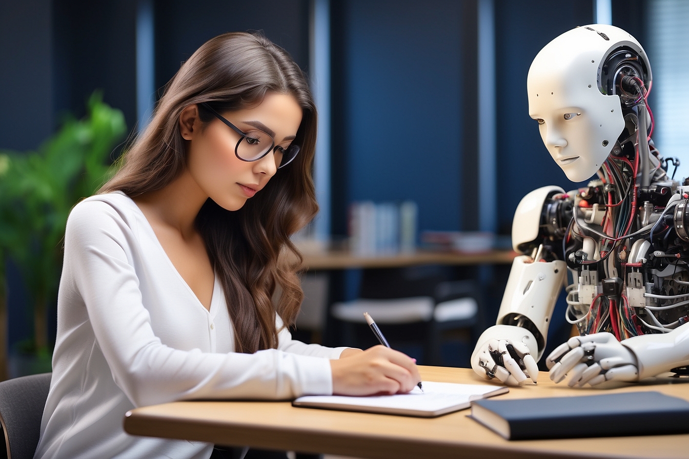 A girl is studing with a robot. Picture generated with AI