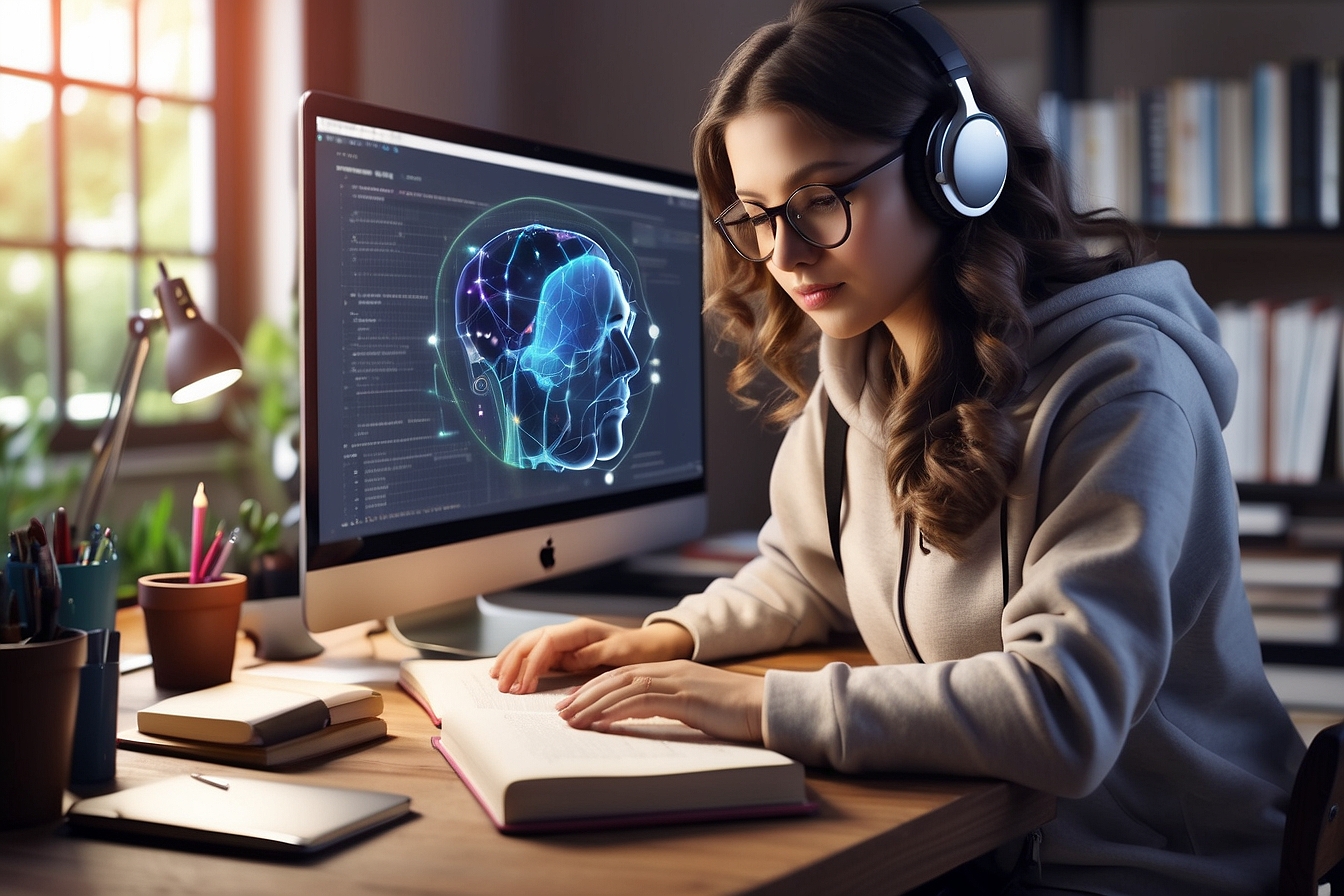 Girl is studin with a book and a computer.