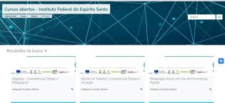 At the top of the picture, the header has a navy blue image cut by light blue bundles of lines and dots. In the left-hand corner of the image is written Open courses - Federal Institute of Espírito Santo and the menu for accessing the options: Home, Courses Search and Embrace. At the bottom of the picture, the three available EMBRACE MOOC courses are shown side by side: 1. DIGIPEDA - Digital and Pedagogical Skills; 2. Active Pedagogies Using Digital Tools; and 3. World of Work: Digital Skills and Innovation.